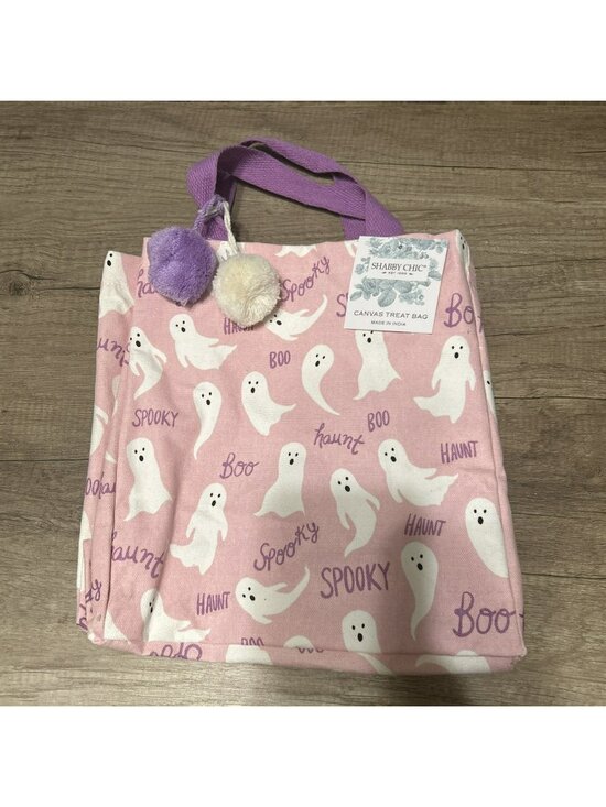 Shabby Chic Handbags - Shabby Chic Pink Canvas Treat Bag With Ghost Print & Purple Handles